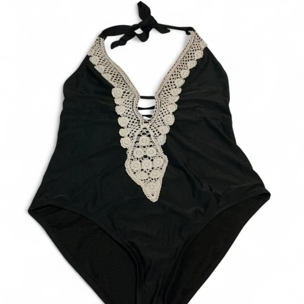 Kona Sol One Piece Swimsuit Women Large Black Crochet Halter V-Neck‎